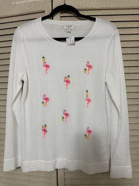 J. Crew White Crewneck Sweater with Pink Flamingo & Yellow Pineapple Embroidery